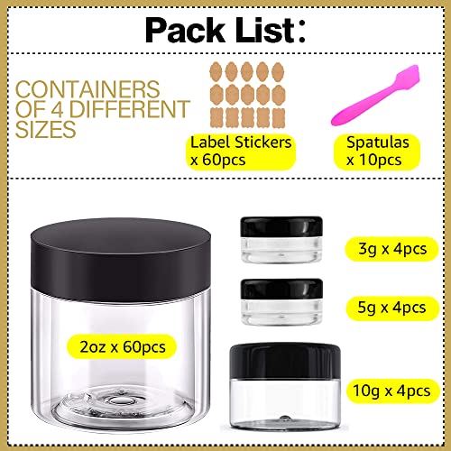 2 oz Plastic Containers with Lids 60pcs Plastic Jars with Lids + 3/5/10 Gram 12pcs Sample Containers Travel Jar– Great for Travel,Lip Scrub,Body Butters,Cream,Lotion Free Labels & Spatulas (72 Pack)