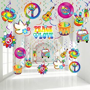 60's hippie theme party foil swirl decorations, 60s groovy party retro flower cutouts peace sign hanging swirls ceiling decorations for 60s hippie theme groovy party supplies, 30 count (novel)
