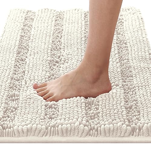 H.VERSAILTEX Bathroom Rugs Bath Rugs for Bathroom Non Slip Bath Mats Extra Thick Chenille Striped Rug 17" x 24" Absorbent Soft Shaggy Washable Dry Fast Bath Mats for Bathroom Floor - Ivory