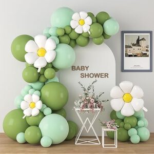 birsat daisy balloon arch kit for girls pastel green birthday decorations, sage green balloons garland for women neutral jungle baby shower party supplies, greenery flower theme bridal shower parties