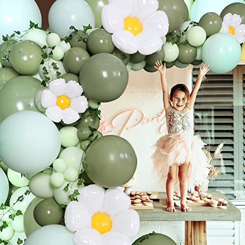 BIRSAT Daisy Balloon Arch Kit for Girls Pastel Green Birthday Decorations, Sage Green Balloons Garland for Women Neutral Jungle Baby Shower Party Supplies, Greenery Flower Theme Bridal Shower Parties