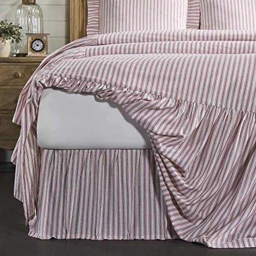 Timeless Ticking Red Stripe Ruffled California King Bed Skirt, Farmhouse Country, Christmas Décor, 16" Drop