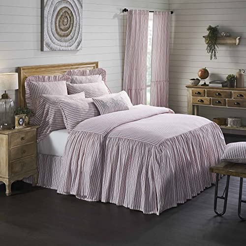 Timeless Ticking Red Stripe Ruffled California King Bed Skirt, Farmhouse Country, Christmas Décor, 16" Drop