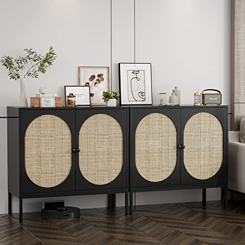 IKIFLY Set of 2 Accent Storage Cabinet with Handmade Natural Rattan Doors - Rattan Sideboard Buffet Cabinet - Kitchen Cupboard Server Console Table for Dining Room, Bedroom, Hallway - Black