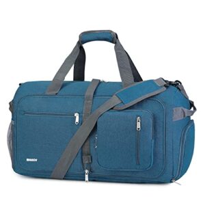 wandf foldable duffel bag 40l with shoes compartment, overnight weekender travel duffle for men women water-proof & tear resistant (blue)