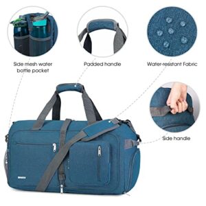 WANDF Foldable Duffel Bag 40L with Shoes Compartment, Overnight Weekender Travel Duffle for Men Women Water-proof & Tear Resistant (Blue)