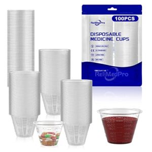 relimedpro disposable graduated plastic medicine cups, bulk pack of 100, 1 oz (30ml) small measuring cups for liquid medication, paint, epoxy, pill and resin (100)