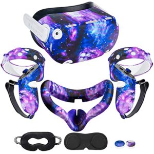 for oculus quest 2 silicone case accessory with vr face cover pad and touch controller grip cover, lens cover, disposable eye cup (starry purple)