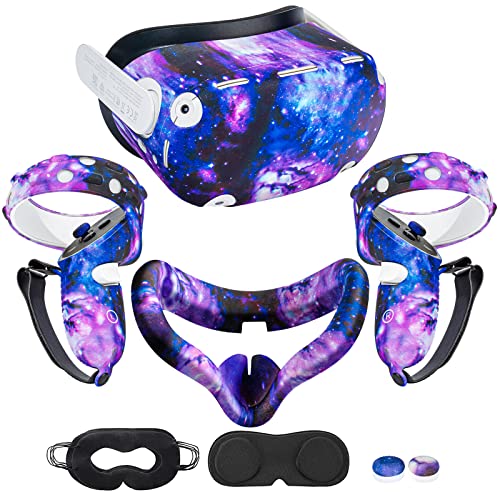 for Oculus Quest 2 Silicone Case Accessory with VR Face Cover Pad and Touch Controller Grip Cover, Lens Cover, Disposable Eye Cup (Starry Purple)