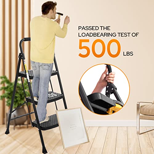 3 Step Ladder, Folding Step Stool with Wide Anti-Slip Pedal ...