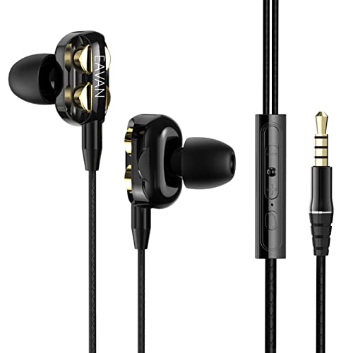 EAVAN Double Dynamic Drivers Wired Earphones,4 Speakers 4 Core HiFi in-Ear Earbuds,Noise Isolating Headphones 3.5mm Jack with Mic for Computer,MP3 and Phone