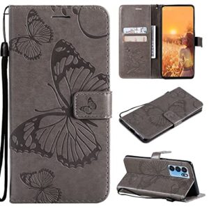saturcase case for oppo reno 6 pro 5g, butterfly embossing pu leather flip magnet wallet stand card slots hand strap protective cover for oppo reno 6 pro 5g (gray)