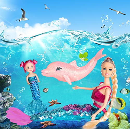 Mermaid Princess Doll with Little Mermaid and Pink Dolphin Playset, Blonde Hair Mermaid Toys with Accessories, Gift for 3 to 7 Year Old Girls