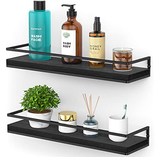 Meangood Floating Shelves Wall Mounted Set of 2, Rustic Wood Wall Storage Shelves for Bedroom,Living Room,Bathroom, Kitchen (Black)