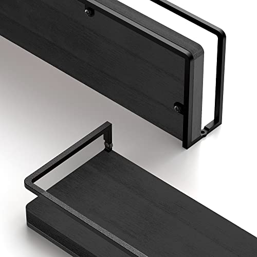 Meangood Floating Shelves Wall Mounted Set of 2, Rustic Wood Wall Storage Shelves for Bedroom,Living Room,Bathroom, Kitchen (Black)