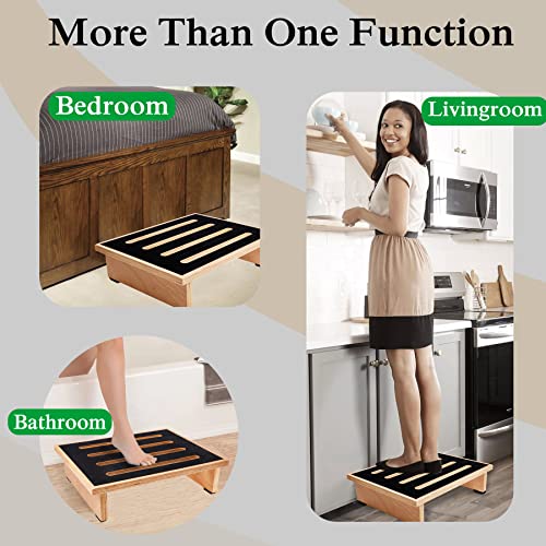 One Wood Step Stool for Adults&Seniors, with Non-Slip Rubber Stepping Surface, Portable Single Wooden Riser, 440 lb Carrying Capacity, Stepping Stool for Kitchen/Bathroom/Bedside