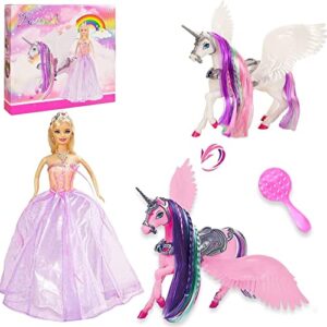 yellow river color changing unicorn & princess doll, color change on whole unicorn under sunshine, 12'' doll and 11'' unicorn toys & gifts with removable saddle & wings for girls