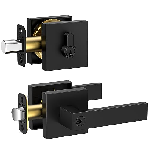 TICONN Door Handle Heavy Duty, Reversible Square Door Lever for Bedroom, Bathroom and Rooms (Black, Deadbolt with Keyed Entry - Not keyed Alike)