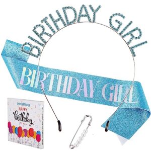 birthday girl sash & tiara set, blue birthday sash and rhinestone crown for women, happy birthday party decorations headband birthday gifts for her, happy birthday decor