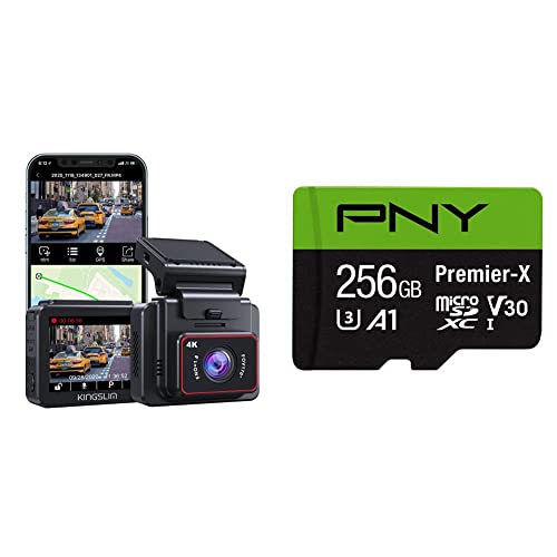 Kingslim D5-4K Dash Cam with WiFi - Front Dash Camera & PNY 256GB Premier-X Class 10 U3 V30 microSDXC Flash Memory Card - 100MB/s, Class 10, U3, V30, A1, 4K UHD, Full HD, UHS-I, Micro SD