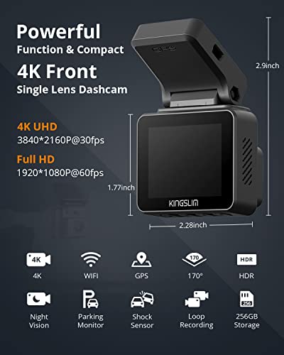 Kingslim D5-4K Dash Cam with WiFi - Front Dash Camera & PNY 256GB Premier-X Class 10 U3 V30 microSDXC Flash Memory Card - 100MB/s, Class 10, U3, V30, A1, 4K UHD, Full HD, UHS-I, Micro SD