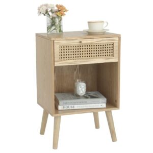 maxsmeo rattan nightstand small side table, end table living room modern nightstand, wood nightstand with drawers and open shelf (natural walnut)
