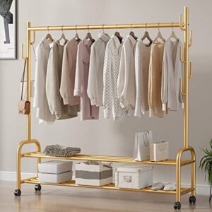 thick forest gold clothes rack gold clothing rack gold garment rack rolling organizer with wheels bottom shelves double tiers for multipurpose (gold)