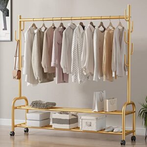 Thick forest Gold Clothes Rack Gold Clothing Rack Gold Garment Rack Rolling Organizer with Wheels Bottom Shelves Double Tiers for Multipurpose (Gold)