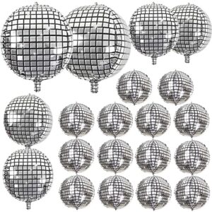 20pcs disco ball balloons different sizes- 4d large disco balloons 32” 22” 10 inch assorted round metallic silver disco mylar balloons for 70s 80s disco themed birthday new year's party decor supplies