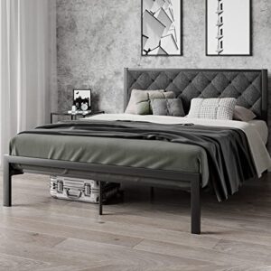 sha cerlin queen metal platform bed frame,upholstered fabric button tufted headboard, mattress foundation with 17 strong metal slats support, no box spring needed, easy assembly, dark grey