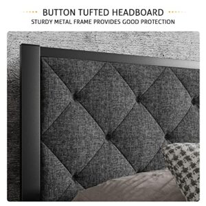 SHA CERLIN Queen Metal Platform Bed Frame,Upholstered Fabric Button Tufted Headboard, Mattress Foundation with 17 Strong Metal Slats Support, No Box Spring Needed, Easy Assembly, Dark Grey