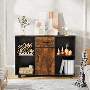 JUMMICO Storage Cabinet with Doors and Shelves Floor Cabinet Sideboard with Solid Wood Top Accent Cabinet for Living Room, Dining Room and Hallway