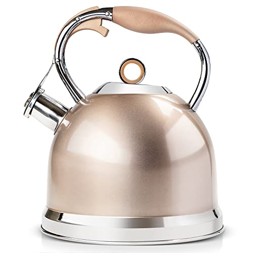 Tea Kettle - HIHUOS 3.17QT Whistling Tea Pots for Stove Top - Sleek Stainless Steel Stovetop Kettle, Easy-grip Handle With Trigger Opening Mechanism, 1 Free Silicone Pinch Mitt Included (Champagne)