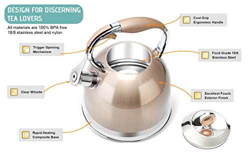 Tea Kettle - HIHUOS 3.17QT Whistling Tea Pots for Stove Top - Sleek Stainless Steel Stovetop Kettle, Easy-grip Handle With Trigger Opening Mechanism, 1 Free Silicone Pinch Mitt Included (Champagne)