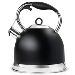 tea kettle - hihuos 3.17qt whistling tea pots for stove top - sleek 18/8 stainless steel stovetop kettle, easy-grip handle with trigger opening mechanism, 1 free silicone pinch mitt included (black)