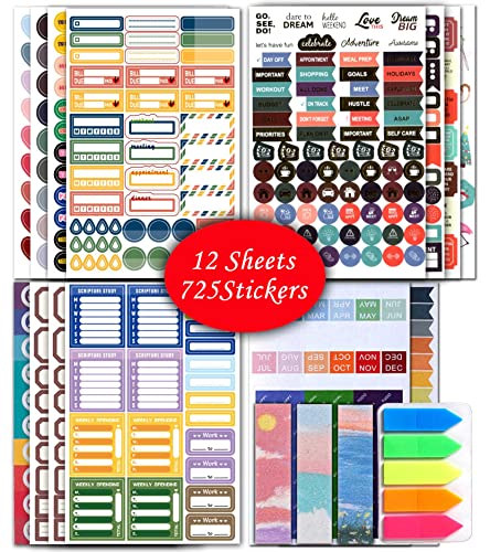 Deselen Happy Planner Stickers, Calendar Planner, Planner Stickers, Aesthetic Calendar Stickers for Teacher Planner, Teacher Stickers, Happy Planner Stickers, (Set of 12 Sheets 725 Stickers)