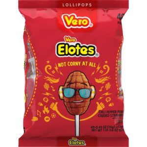 vero elotes strawberry lollipops coated with chili powder, hot and sweet candy treat, artificially flavored, net wt. 19.7 ounces, 40 count bag