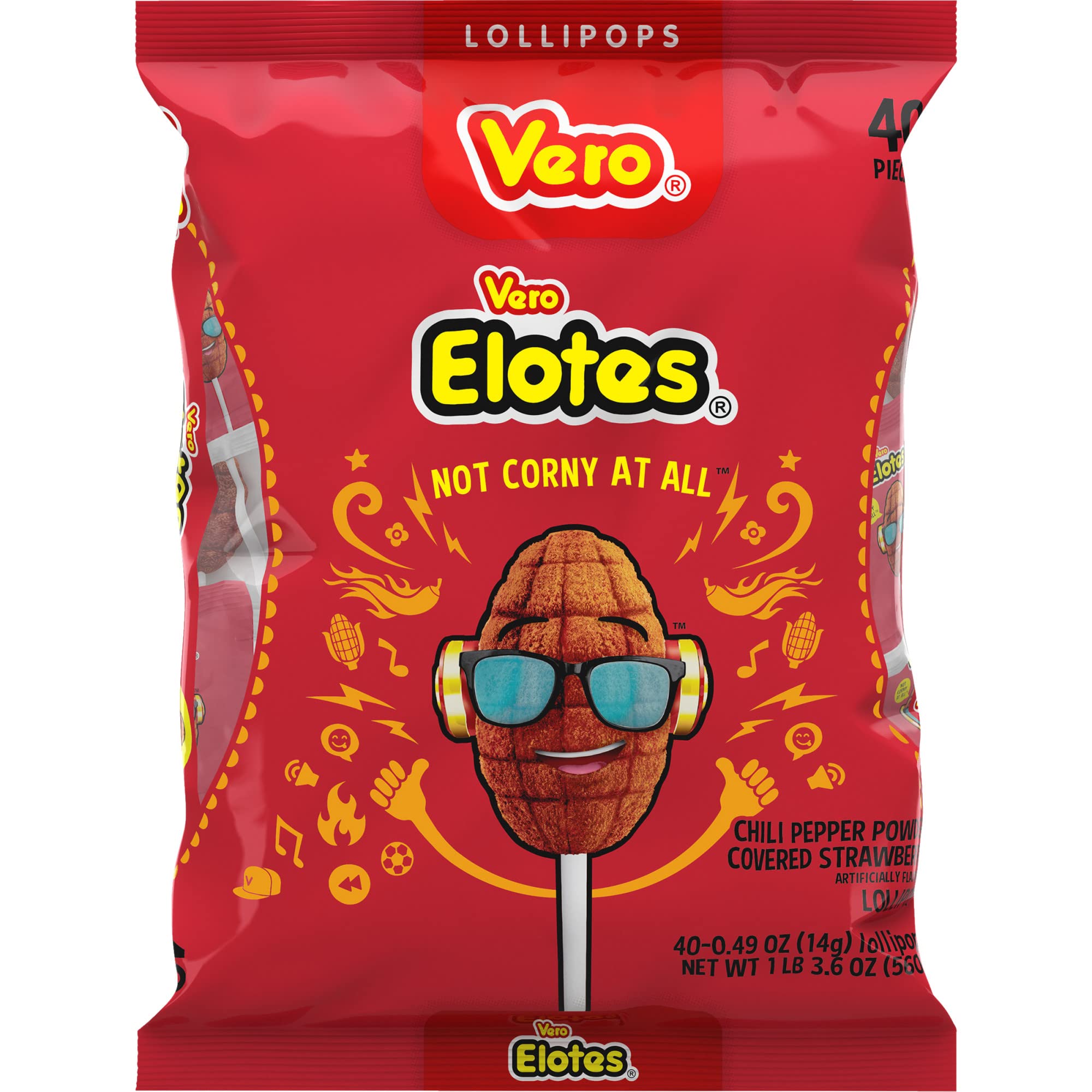 Vero Elotes Strawberry Lollipops Coated with Chili Powder, Hot and Sweet Candy Treat, Artificially Flavored, Net Wt. 19.7 Ounces, 40 Count Bag