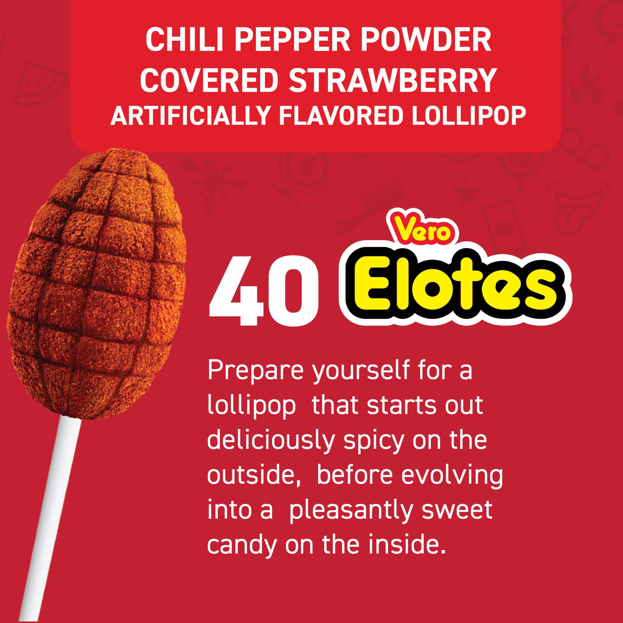 Vero Elotes Strawberry Lollipops Coated with Chili Powder, Hot and Sweet Candy Treat, Artificially Flavored, Net Wt. 19.7 Ounces, 40 Count Bag