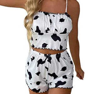 WDIRARA Women's 2 Piece Sleepwear Satin Cow Print Crop Cami Top and Shorts Summer Pajama Set Cute White M