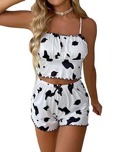 WDIRARA Women's 2 Piece Sleepwear Satin Cow Print Crop Cami Top and Shorts Summer Pajama Set Cute White M