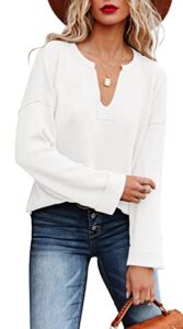 women's v neck long sleeve pullover sweater causal ribbed knit henley shirts tops white