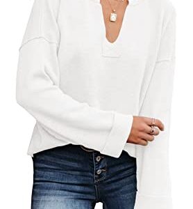 Women's V Neck Long Sleeve Pullover Sweater Causal Ribbed Knit Henley Shirts Tops White