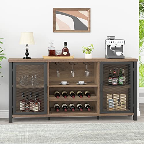 Launica Wine Bar Cabinet, Industrial Coffee Bar Cabinet Farmhouse for Liquor and Glasses, Sideboard Buffet Cabinet with Storage Rack for Home Kitchen Dining Room, Rustic Oak, 55 In