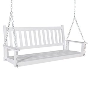 mupater outdoor patio hanging wooden porch swing 5ft with chains, 3-person heavy duty swing bench for garden and backyard, white