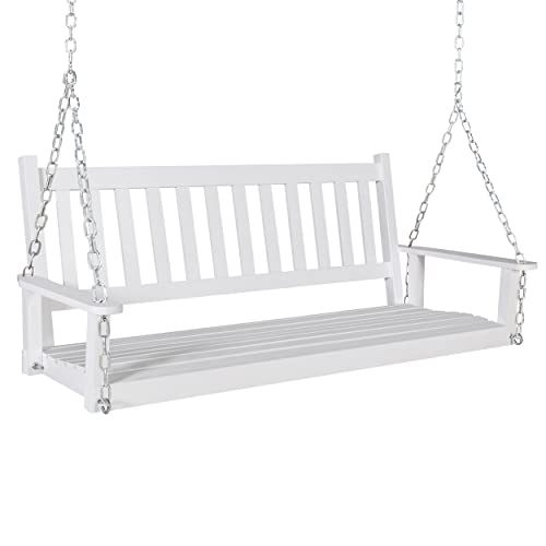 MUPATER Outdoor Patio Hanging Wooden Porch Swing 5FT with Chains, 3-Person Heavy Duty Swing Bench for Garden and Backyard, White