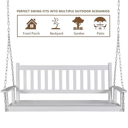 MUPATER Outdoor Patio Hanging Wooden Porch Swing 5FT with Chains, 3-Person Heavy Duty Swing Bench for Garden and Backyard, White