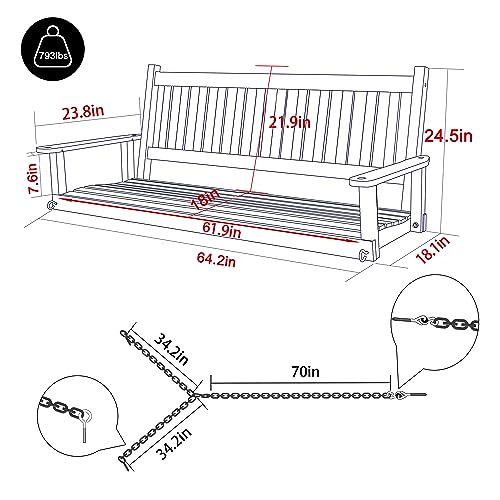 MUPATER Outdoor Patio Hanging Wooden Porch Swing 5FT with Chains, 3-Person Heavy Duty Swing Bench for Garden and Backyard, White