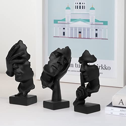 prosfalt 3 Pcs Thinker Statue, Silence is Gold Abstract Art Figurine, No Hear No See No Speak Modern Home Resin Sculptures Decorative Objects Decor for Home Office Bookshelf Desktop(Black) (A-41)