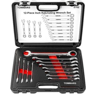 tommars sae ratcheting wrench set, 1/4" - 7/8", 12-pc head ratchet combination combo socket wrenches, cr-v steel